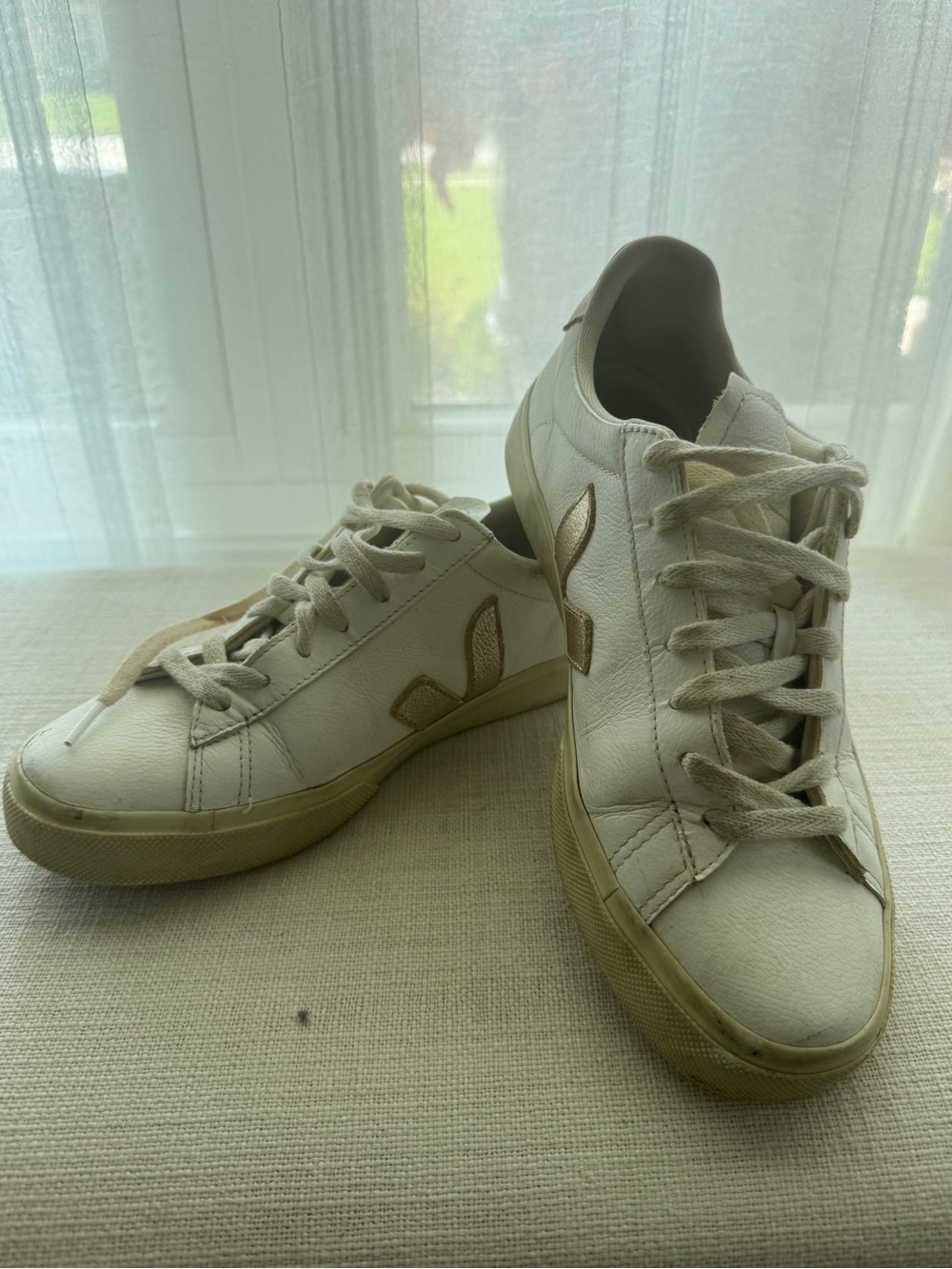 Veja White Leather Sneakers with Beige Accents